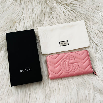 Gucci Calfskin Matelasse GG Marmont Zip Around Wallet Wild Rose