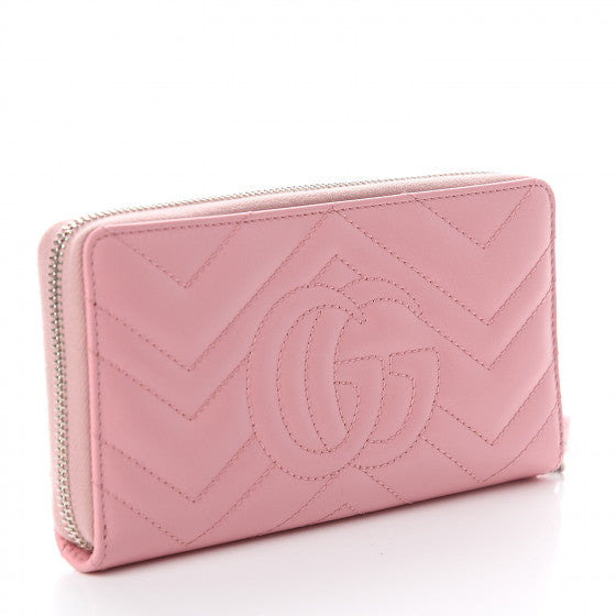 Gucci Calfskin Matelasse GG Marmont Zip Around Wallet Wild Rose