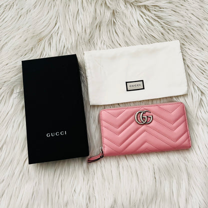 Gucci Calfskin Matelasse GG Marmont Zip Around Wallet Wild Rose