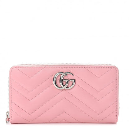 Gucci Calfskin Matelasse GG Marmont Zip Around Wallet Wild Rose